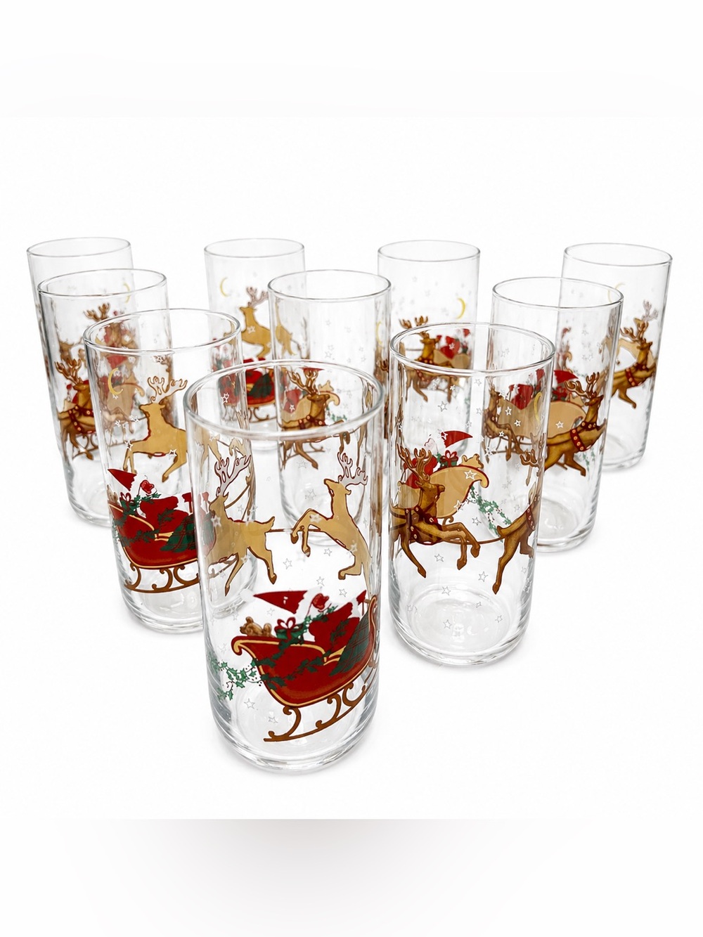 10 Pcs Christmas Holiday Libbey Glass Tumbler Reindeer & Santa Sleigh VINTAGE